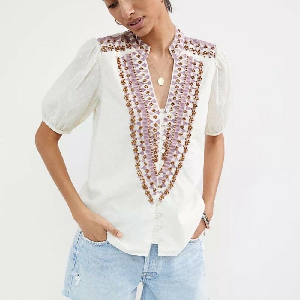 Anthropologie Forever That Girl Cotton Embroidered Beaded Peasant Top Ecru US 2